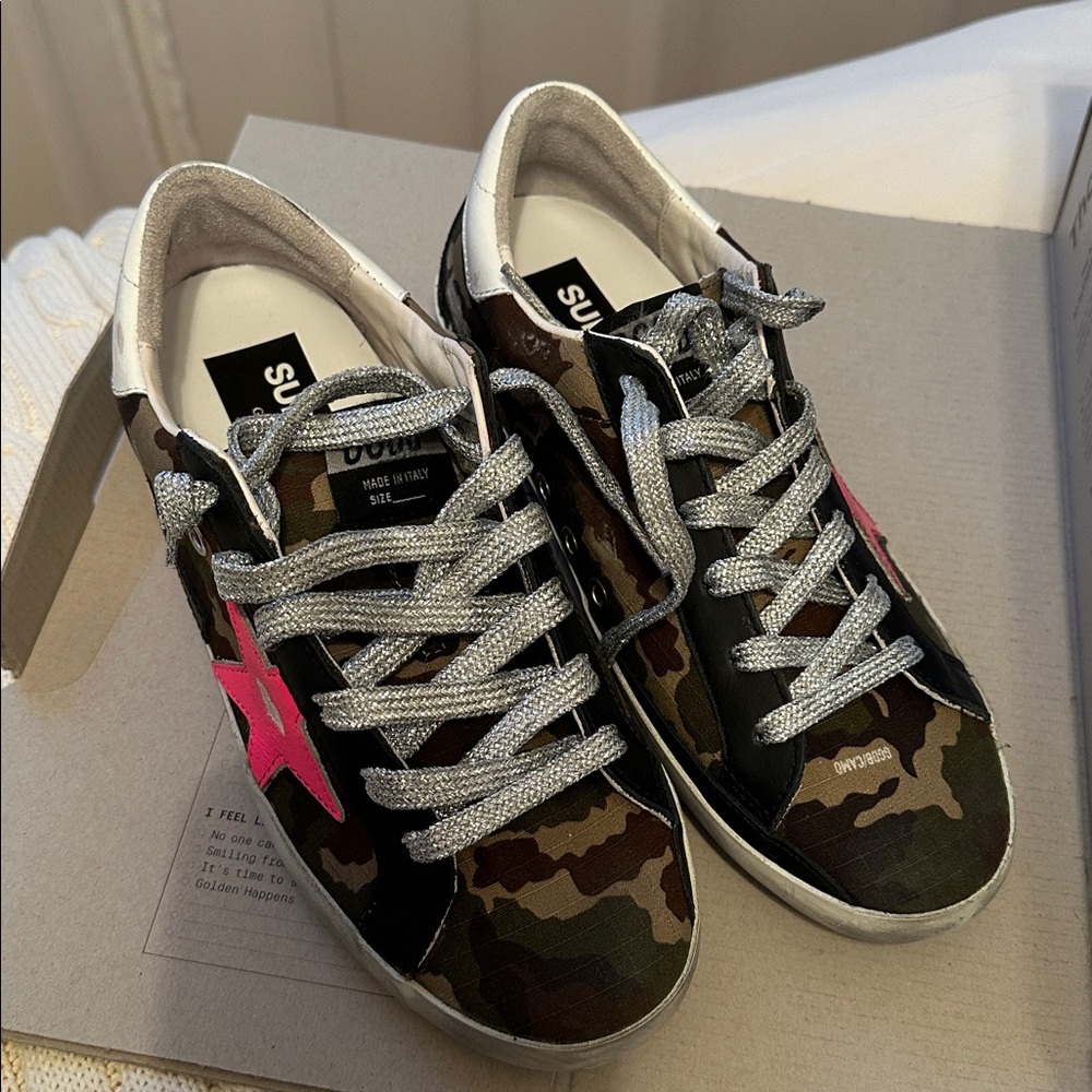 Golden Goose Camouflage Sneakers with Pink Accent